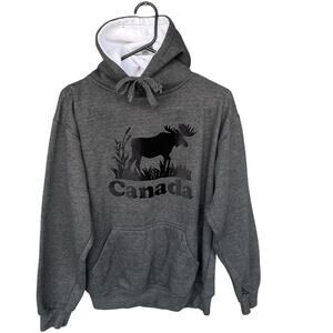 Canada Unisex Hooded Sweatshirt Medium Gray Moose Velvet Logo‎ Vacation Hoodie